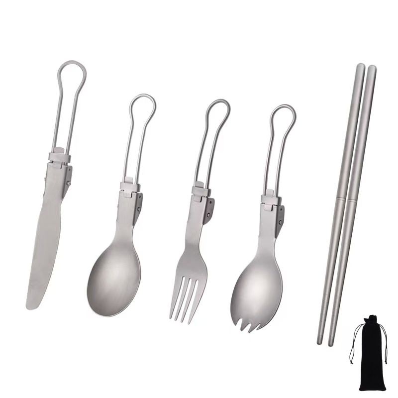 Outdoor Camping Utensils - Titanium Foldable Utensil Set with Fork